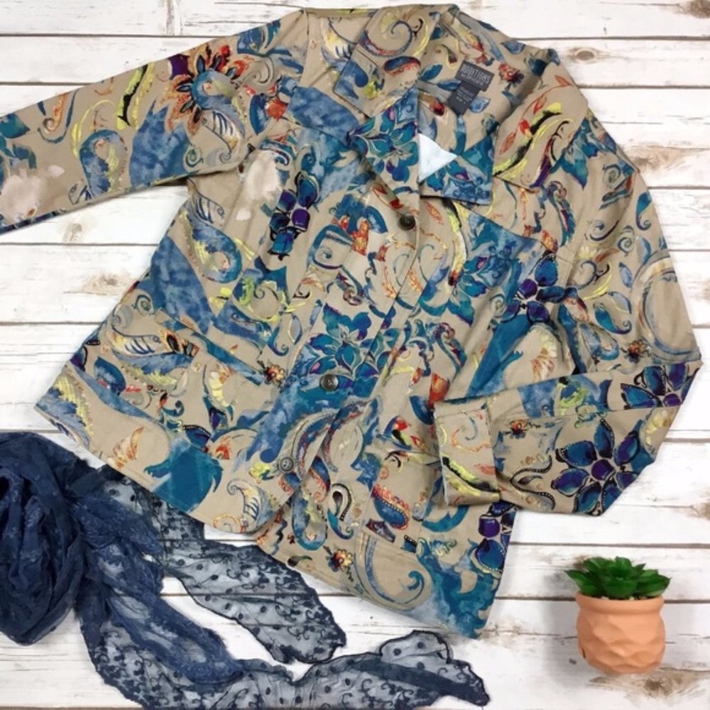 Chicos Additions Abstract Floral Print Jacket Sz 1